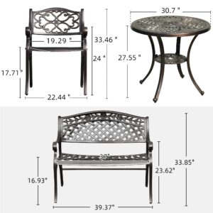 DWVO 4 Piece Outdoor Furniture Cast Aluminum Patio Dining Sets, Patio Dining Set with 2 Chairs, 1 Outdoor Garden Bench, 30 Inches Round Table with Umbrella Hole, for Balcony Backyard Deck Garden