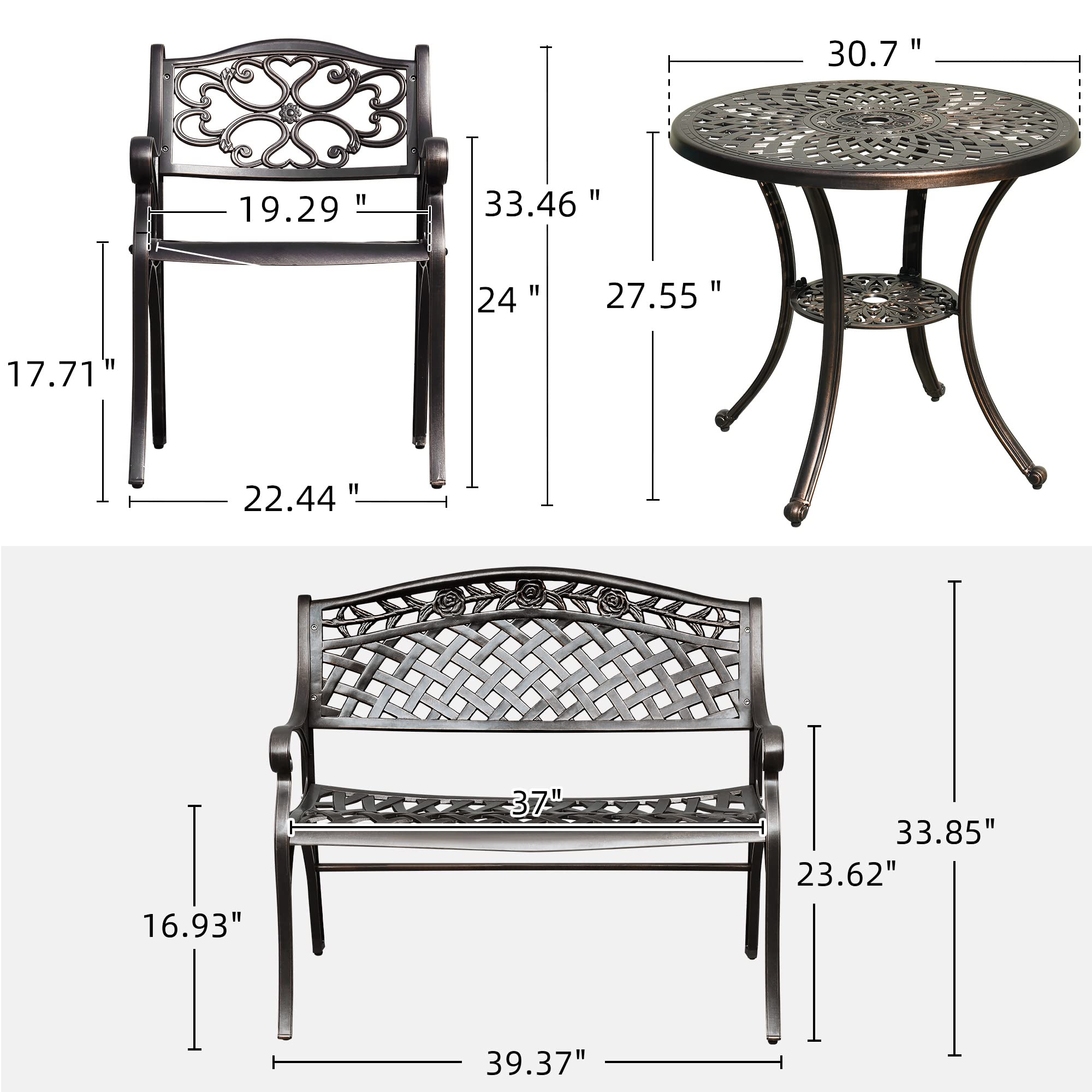 DWVO 4 Piece Outdoor Furniture Cast Aluminum Patio Dining Sets, Patio Dining Set with 2 Chairs, 1 Outdoor Garden Bench, 30 Inches Round Table with Umbrella Hole, for Balcony Backyard Deck Garden