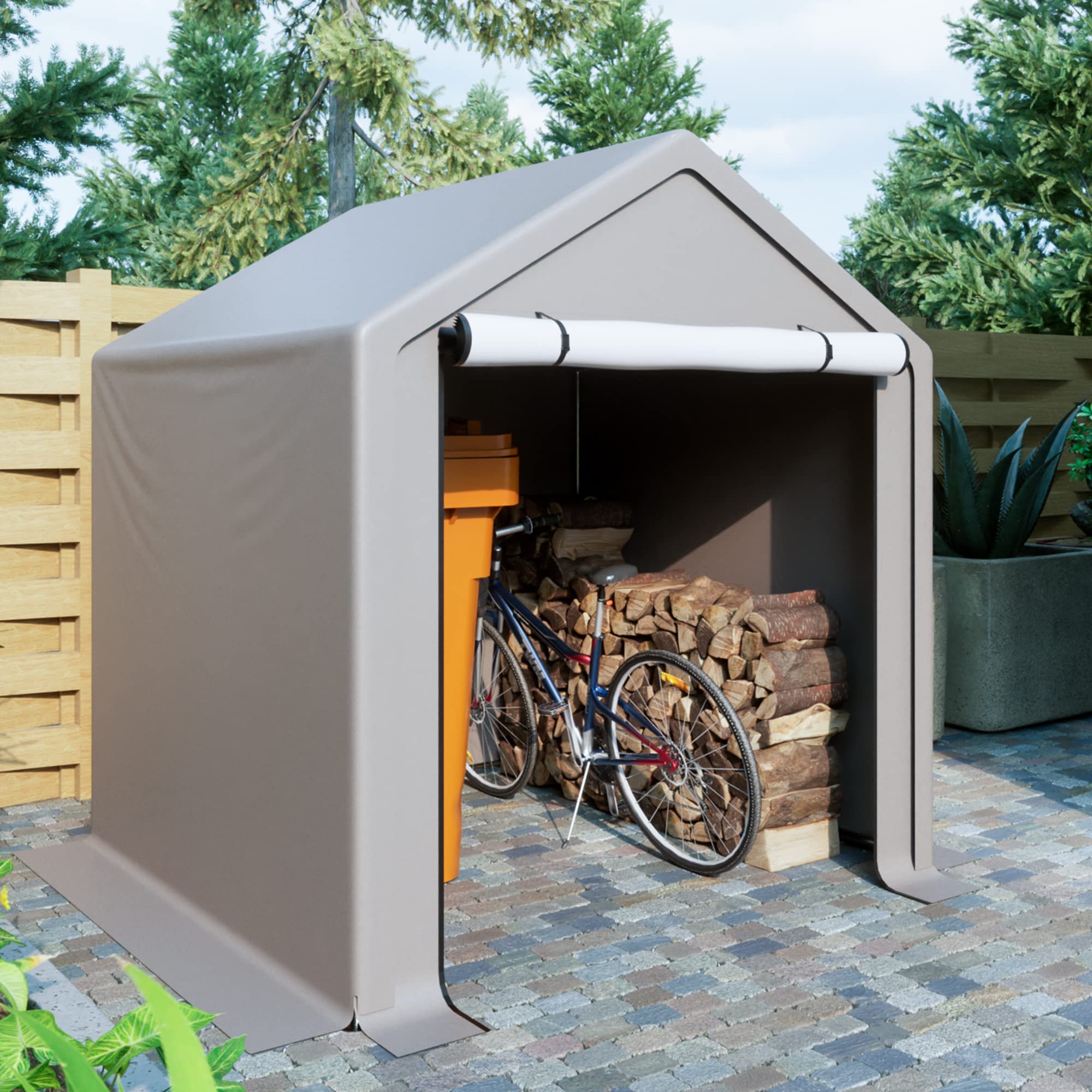 WEASHUME 6x6 ft Outdoor Portable Garage Tent Storage Shelter Shed Outdoor Carport with Steel Metal Frame, Detachable Roll-up Zipper Door and Waterproof Cover for Bike, ATVs