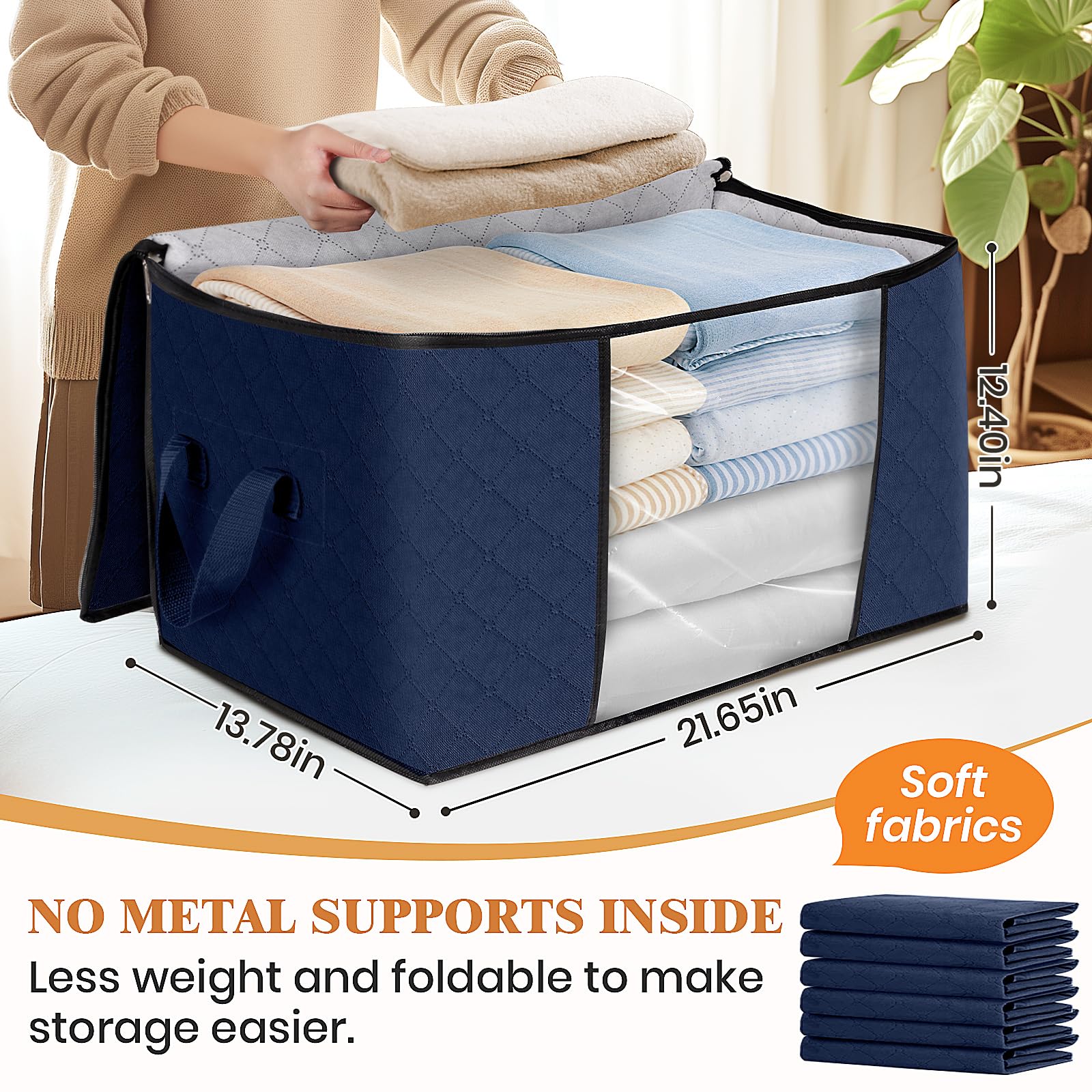 Fab totes 2 Pack Clothes Storage, Foldable Blanket Storage Bags, Storage Containers for Organizing Bedroom, Closet, Clothing, Comforter, Organization and Storage with Lids and Handle, Blue