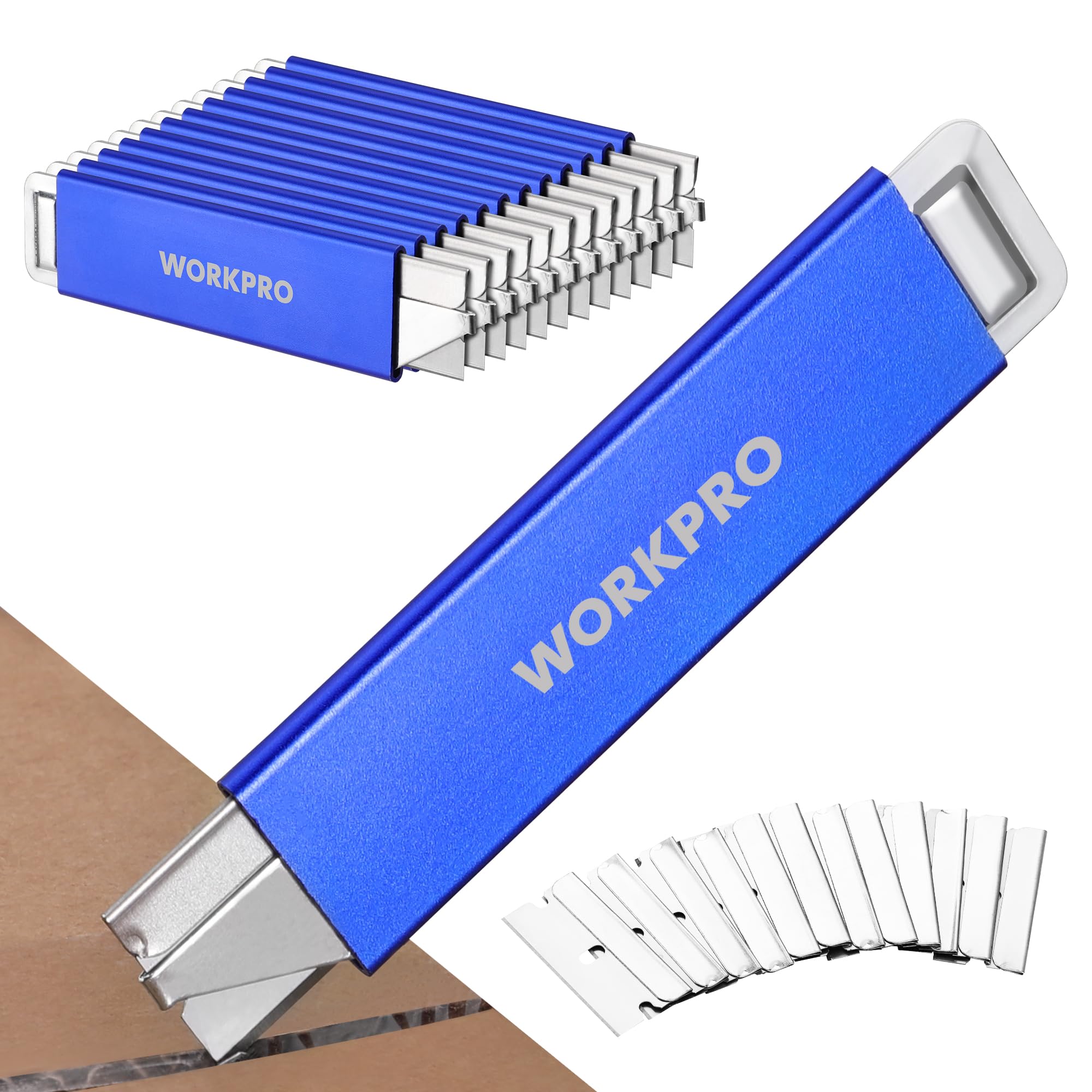 WORKPRO 12-Pack Box Cutter Retractable - Utility Knife with Single Edge Razor Blade - Razor Knife Box Opener Cardboard Cutter with Metal Sheathes- Extra 12-Pack Razor Blades for Replacement - Blue