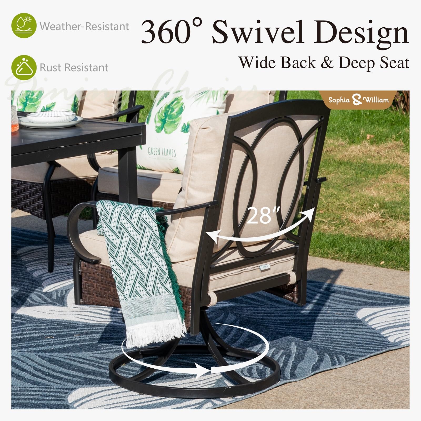 Sophia & William Patio Swivel Chairs Set of 2, Large & Padded Outdoor Dining Chairs with Heavy Duty Metal Frame Support 350LBS,Gentle Rocker Chair for Garden Porch Lawn, Beige