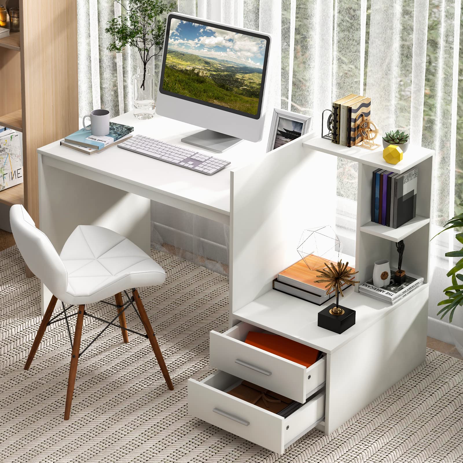 Tangkula White Desk with 2 Storage Drawers & Bookshelf, Home Office Desk with Corner Bookshelf & Printer Stand, Small Writing Study Desk for Small Space, Modern Vanity Table for Bedroom (White)