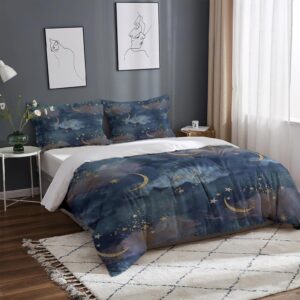 STRELEC Star Moon Cloud Print Bedding Sets 3 Pieces, Modern Fashion Decor Comforter Cover, Soft Lightweight Washed Duvet Cover with Zipper Closure and 2 Pillow Shams for All Seasons (King 104" X 90")