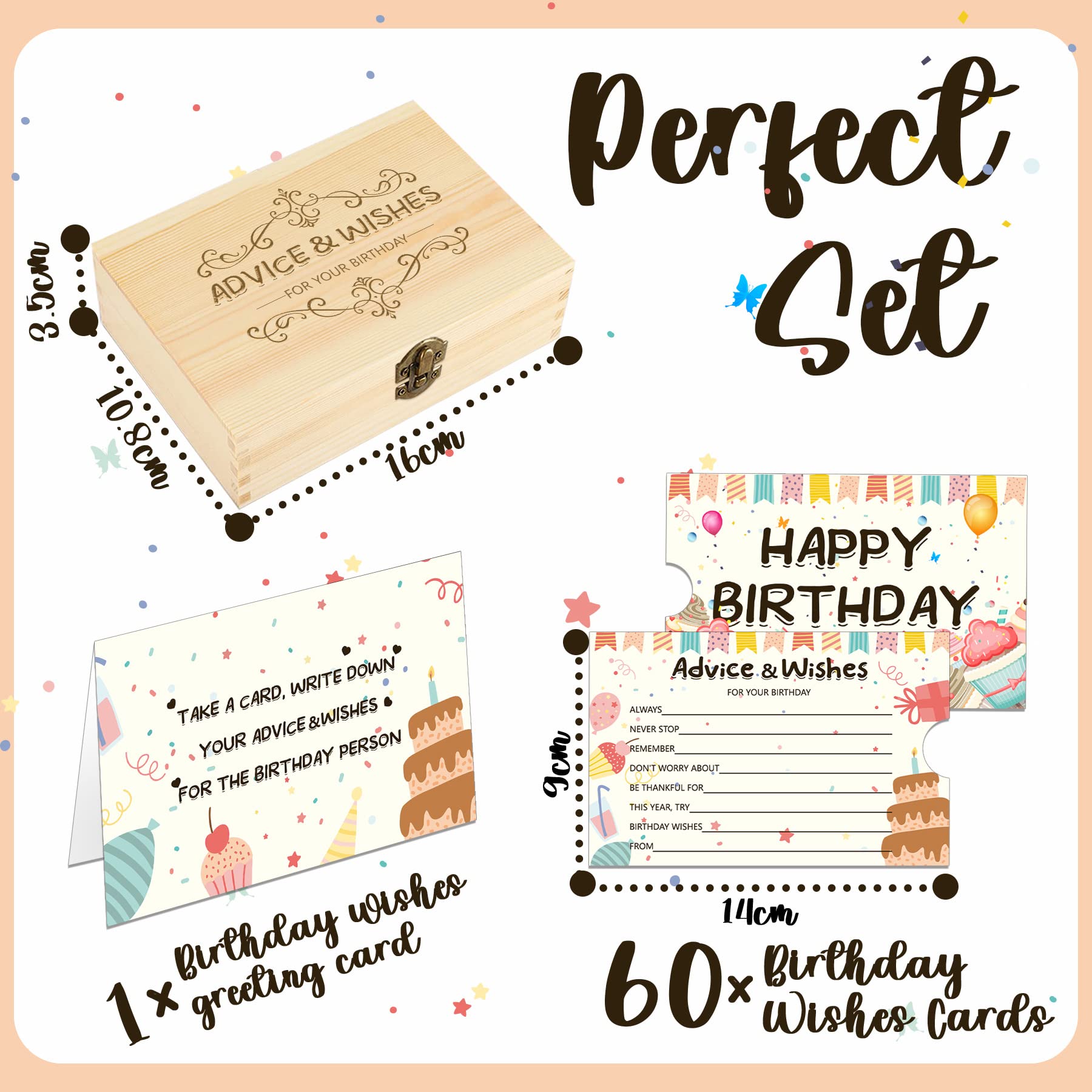 1DFAUL 60pcs Birthday Wishes Cards, Guest Book Advice Cards Box for Birthday Party, Advice And Wishes for Birthday Games, for 16th, 18th, 30th, 40th, 50th, and Any Age, Birthday Party Favors