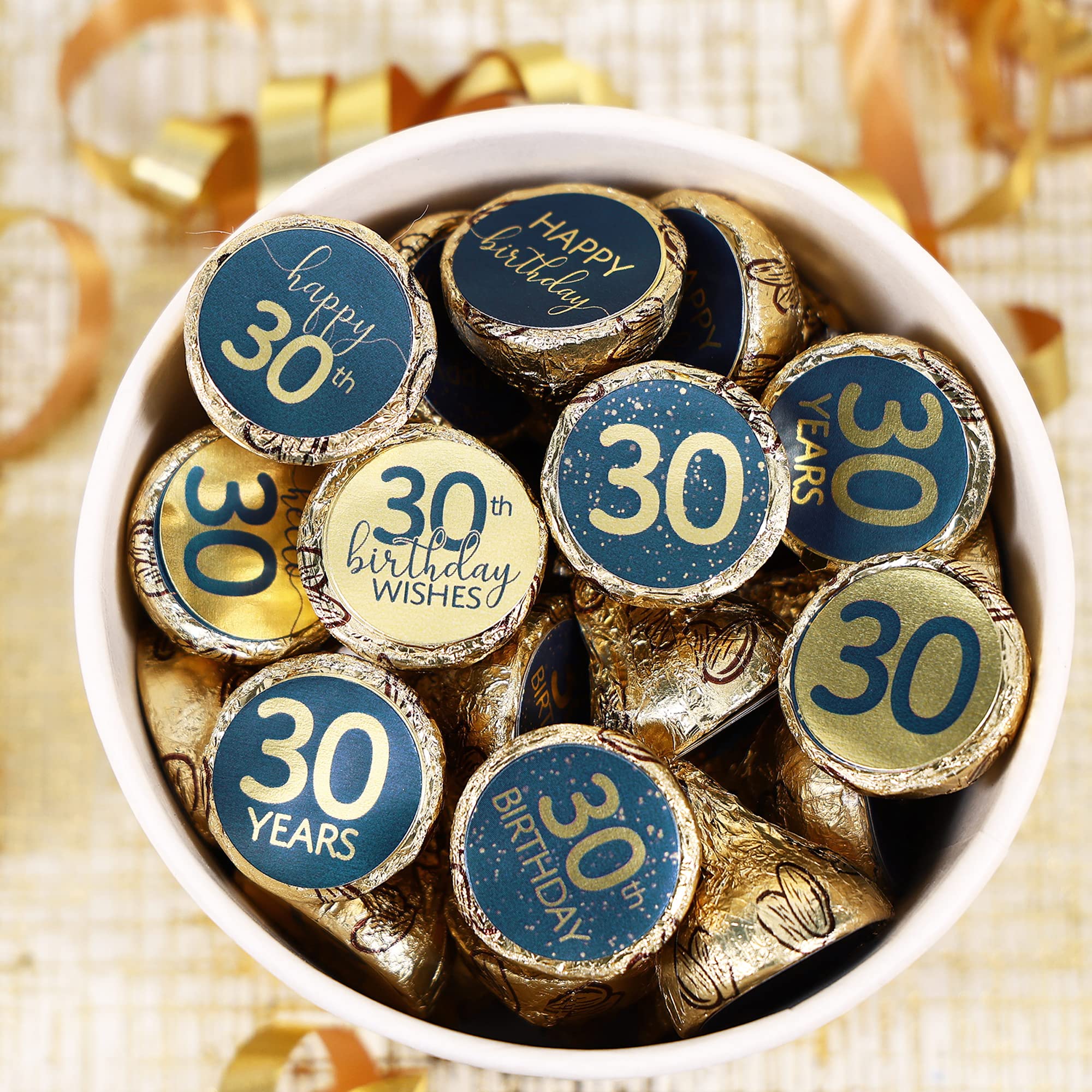 Navy Blue and Gold 30th Birthday Party Favor Chocolate Kisses Candy Stickers - 0.75 in. Round - 180 Labels