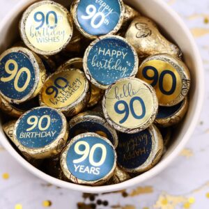 Navy Blue and Gold 90th Birthday Party Favor Chocolate Kisses Candy Stickers Labels - 180 Count, 90th Birthday Decorations