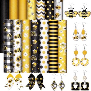 whaline 14pcs summer bee faux leather sheet yellow black honeycomb bee synthetic leather mixed fabric crafts for summer earring craft bag hair bow diy gift making, 8.3 x 6.3 inch