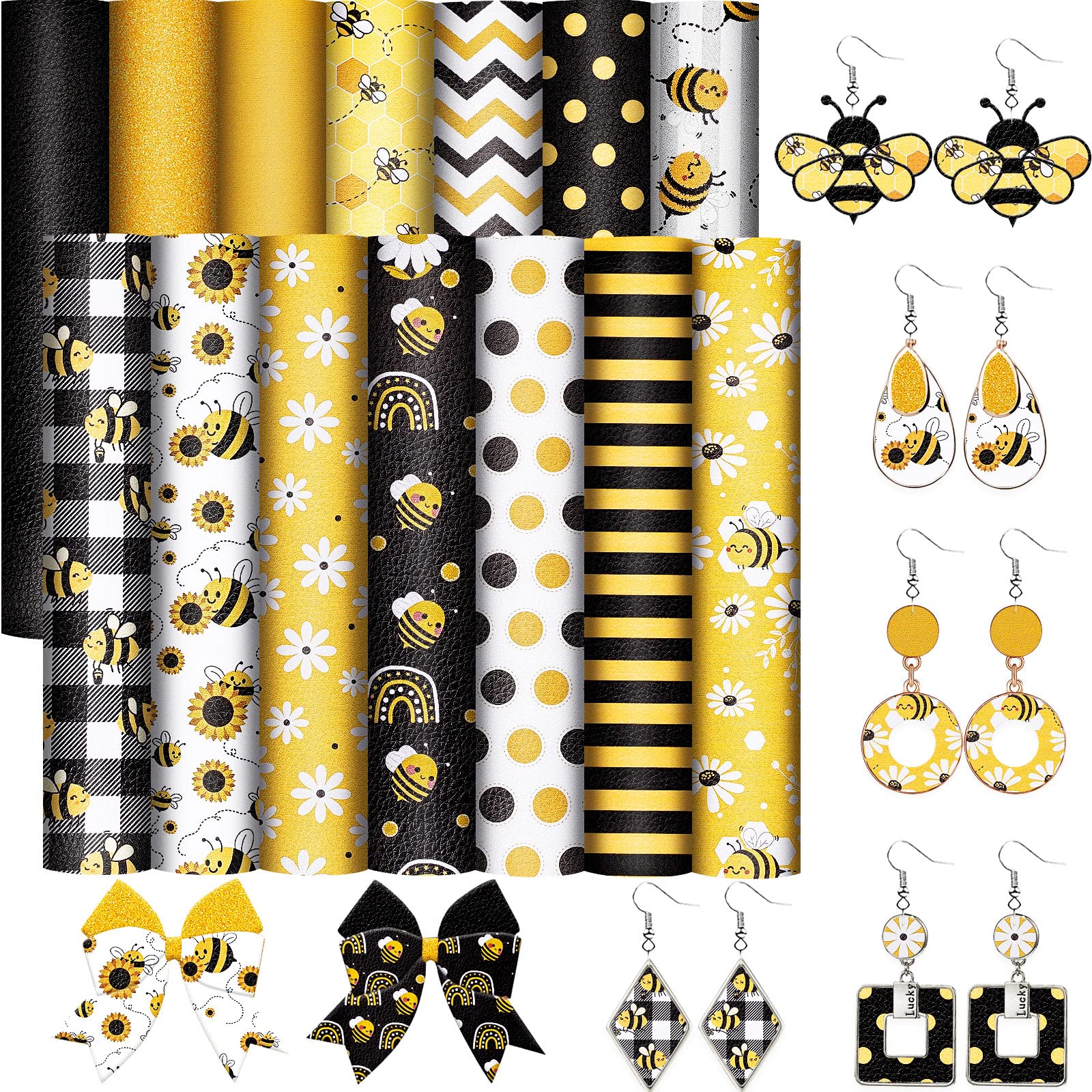 Whaline 14Pcs Summer Bee Faux Leather Sheet Yellow Black Honeycomb Bee Synthetic Leather Mixed Fabric Crafts for Summer Earring Craft Bag Hair Bow DIY Gift Making, 8.3 x 6.3 Inch