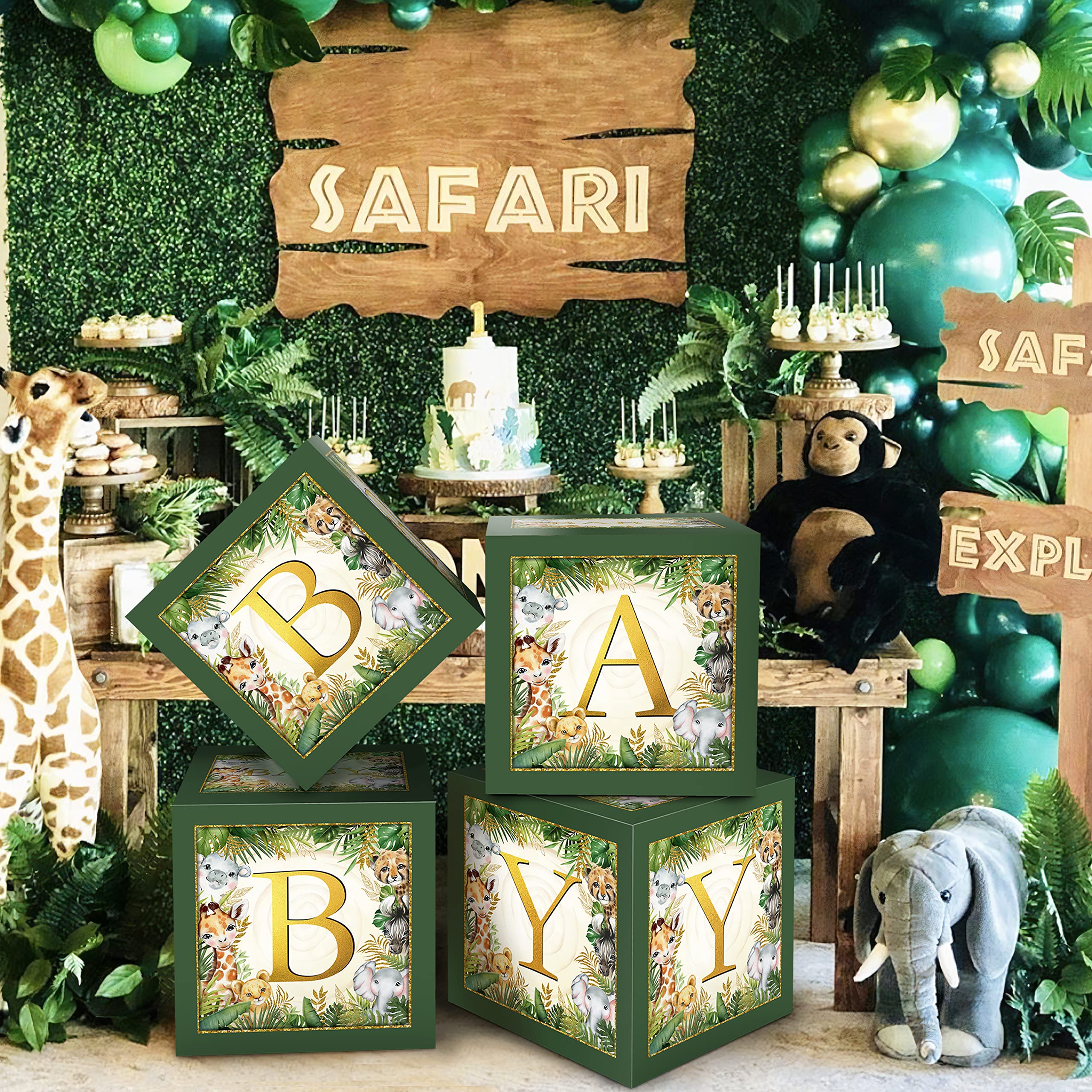 Jungle Safari Baby Boxes with Letters for Baby Shower Decorations Boy Girl Jungle Animal Theme Decor Balloon Blocks for Jungle Safari Baby Shower Gender Reveal Birthday Party Supplies