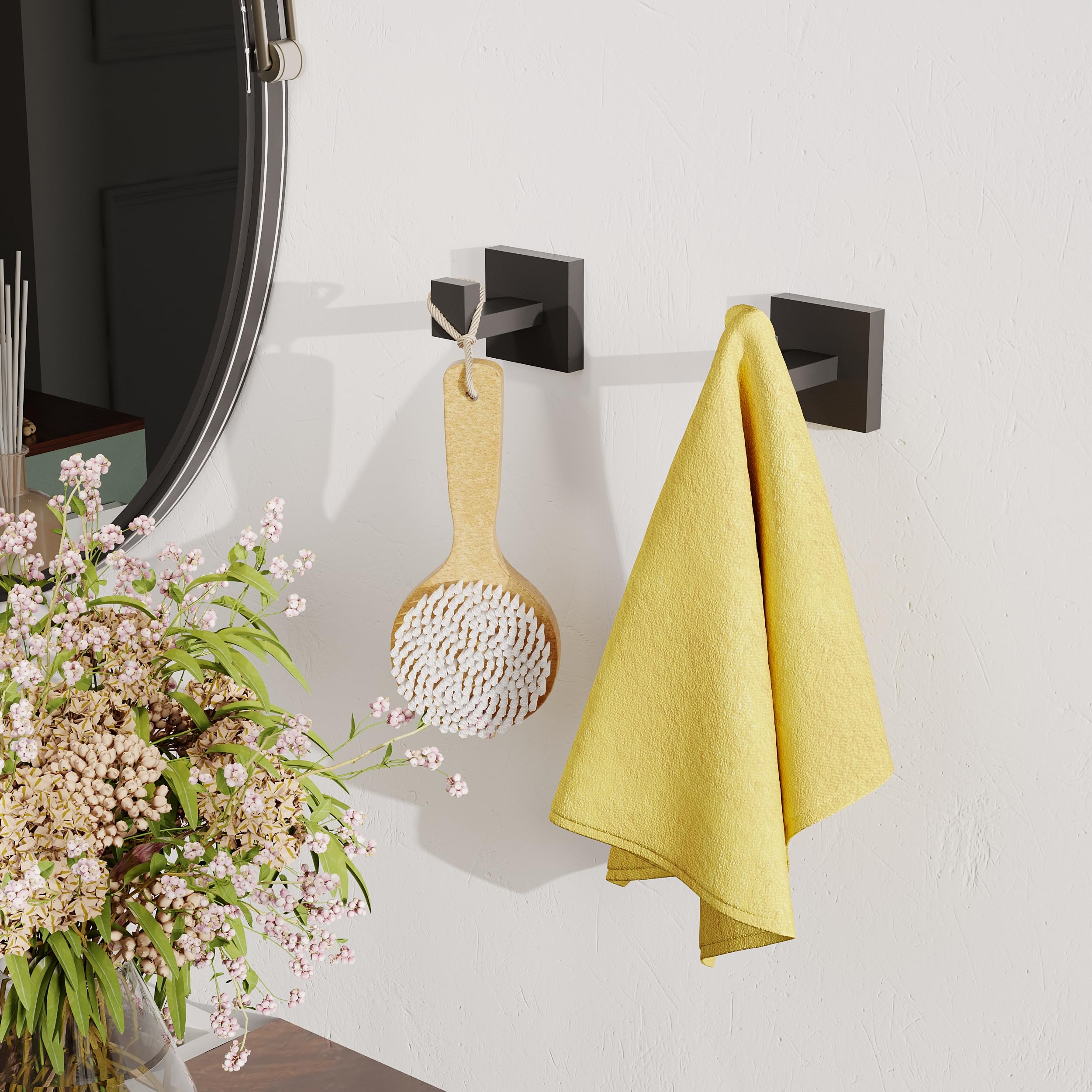 Ruacq Double Towel Hook Matte Black Square Base Bathroom Robe Towel Holder Hand Towel Hanger Stainless Steel Modern Wall Mounted