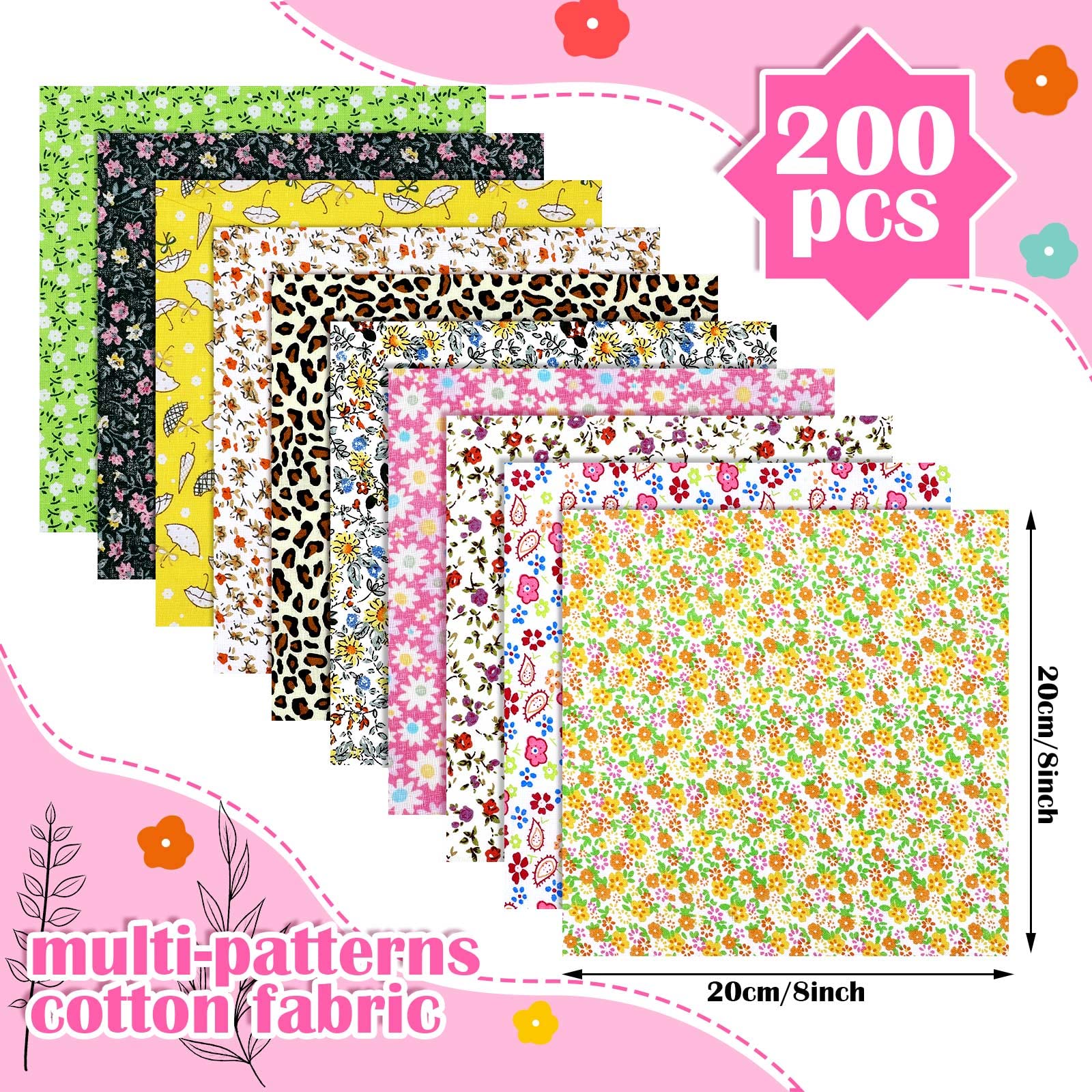 Newwiee 200 Pcs 8 x 8 Inch Cotton Fabric Bundle Precut Cotton Craft Fabric Multi Color Printed Floral Square Patchwork Fabric Sewing Quilting Fabric Supplies for Kids DIY Craft Scrapbooking