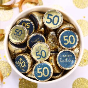 Navy Blue and Gold 50th Birthday Party Favor Chocolate Kisses Candy Stickers - 180 Count