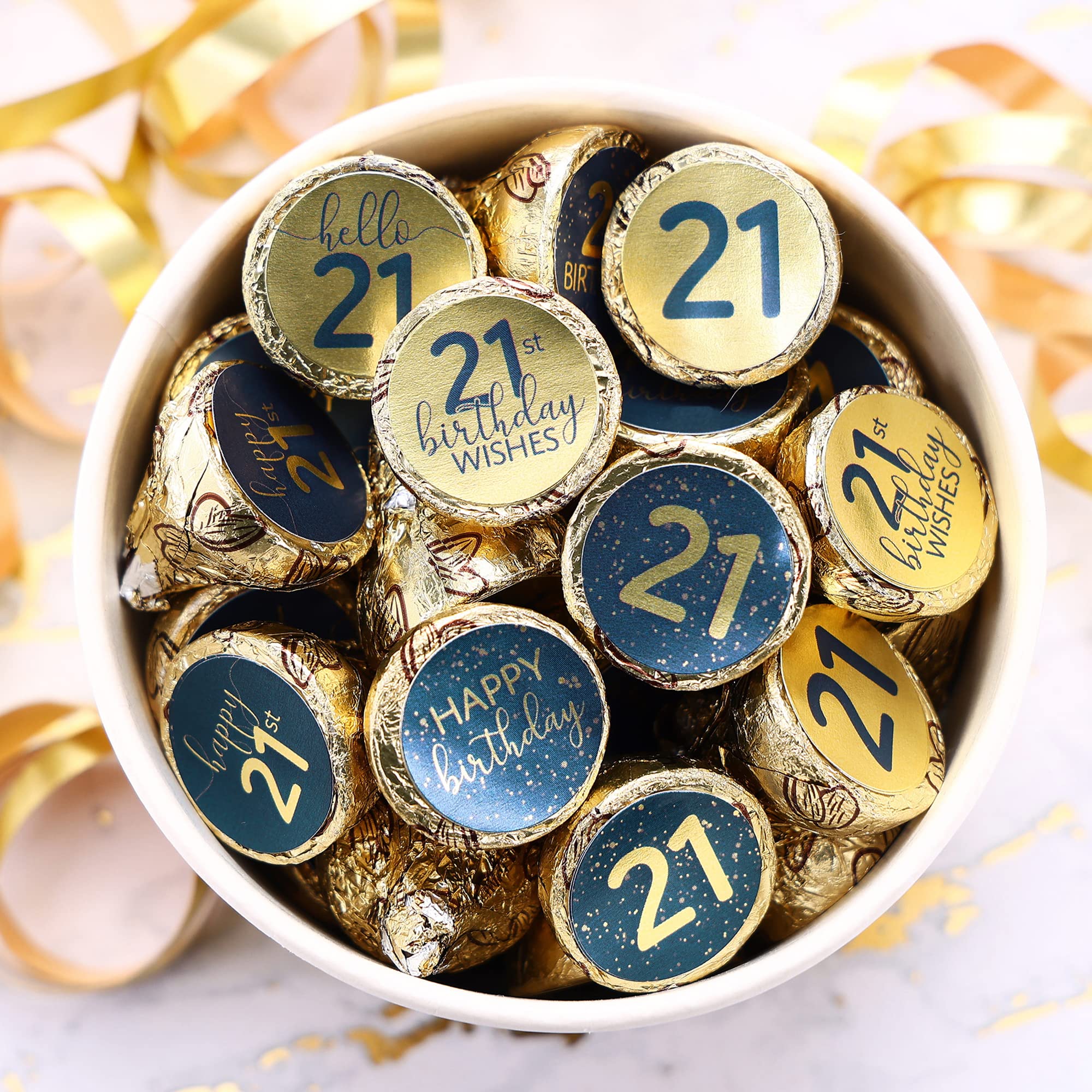 Navy Blue and Gold 21st Birthday Party Favors Chocolate Kisses Candy Stickers - 180 Count - 21st Birthday Decorations