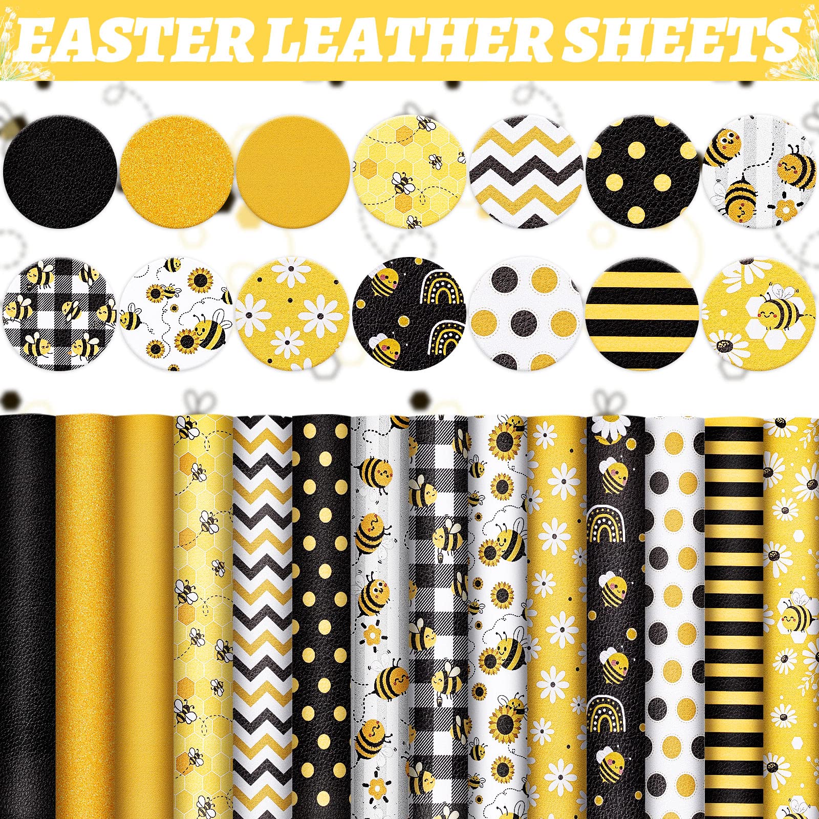 Whaline 14Pcs Summer Bee Faux Leather Sheet Yellow Black Honeycomb Bee Synthetic Leather Mixed Fabric Crafts for Summer Earring Craft Bag Hair Bow DIY Gift Making, 8.3 x 6.3 Inch