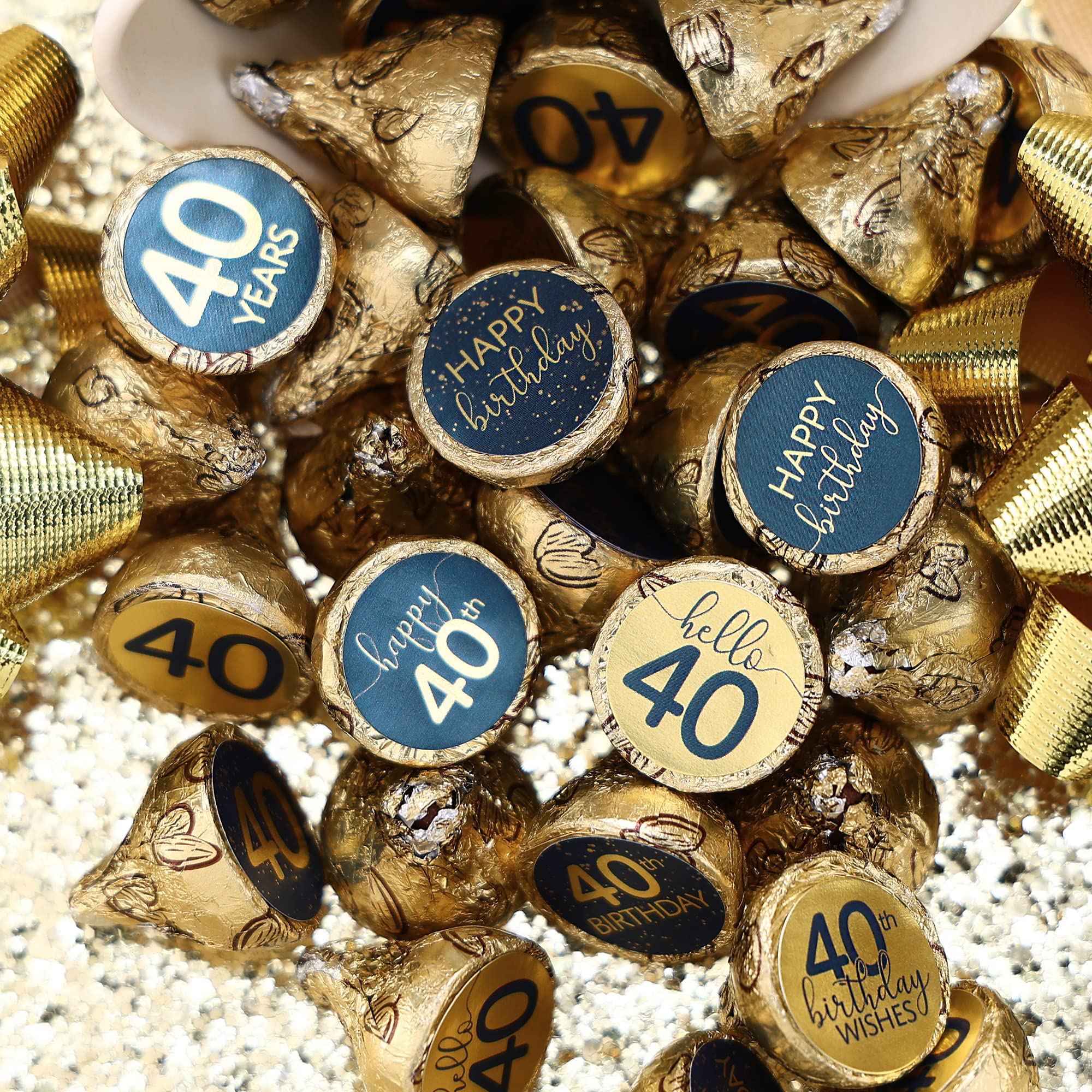 Navy Blue and Gold 40th Birthday Party Favor Chocolate Kisses Candy Stickers - 180 Count