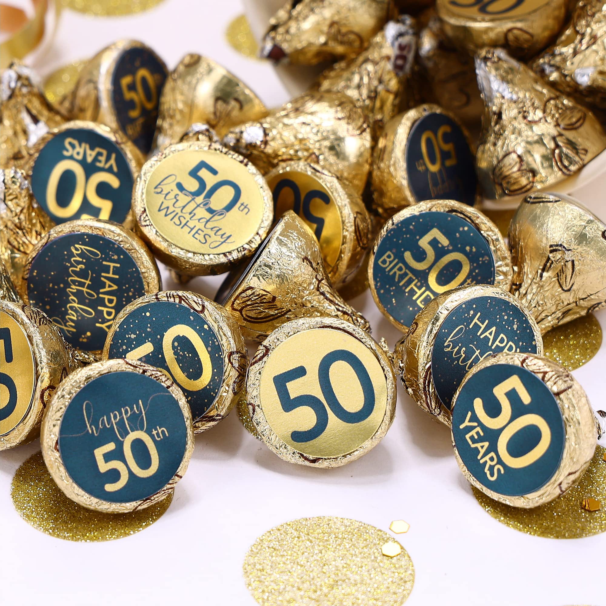 Navy Blue and Gold 50th Birthday Party Favor Chocolate Kisses Candy Stickers - 180 Count