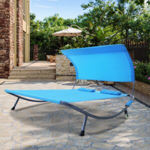 Outdoor Double Chaise Lounge Bed with Canopy & Headrest Pillow, Patio Portable Leisure DayBed Lounge with Portable Wheels for Deck, Indoor, Yard, Poolside, Sun Room (Blue)