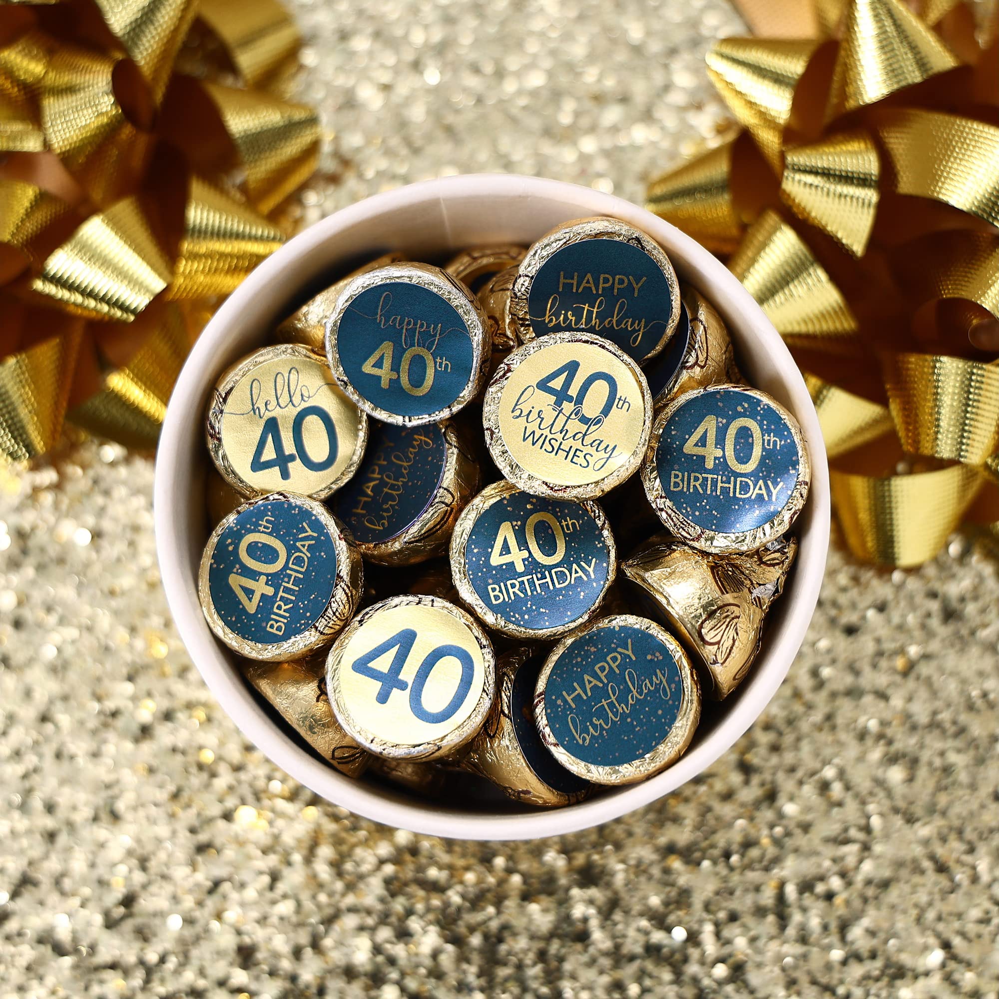 Navy Blue and Gold 40th Birthday Party Favor Chocolate Kisses Candy Stickers - 180 Count