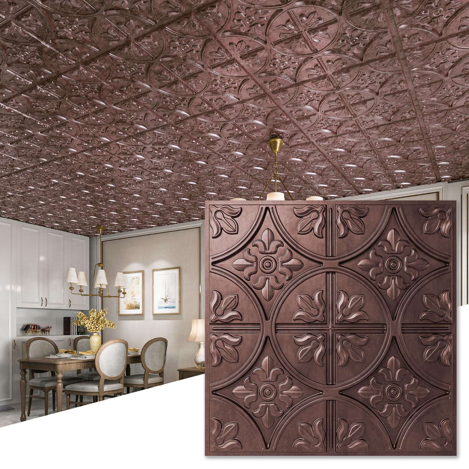 Art3d Drop Ceiling Tiles 2x2, Glue-up Ceiling Panel, Fancy Classic Style, Antique Copper