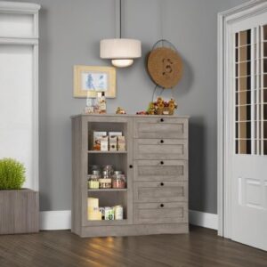 HOSTACK 5 Drawer Dresser with Door, Storage Cabinet with Drawers and Shelves, Wide Wood Dresser, Modern Chest of Drawers Organizers for Living Room, Kitchen, Hallway