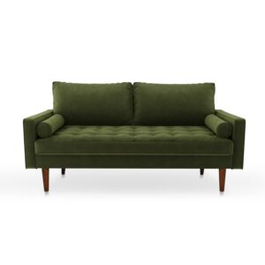 Meeyar 70 Inch Velvet Sofa, Comfy 3 Seater Loveseat Sofa Couch with Tufted Seat, Mid-Century Modern Upholstered with Two Throw Pillows, Couches for Living Room, Bedroom, Apartment, Olive Green