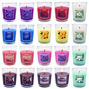 scented votive candles in glass, small 2 inch 15 hours assorted colored hand poured soy wax fragrant candles for aromatherapy spa wedding dinner table birthday holiday party mother's day, 20 packs