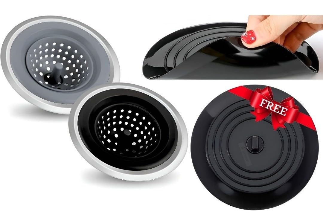 TIME OF SHOP - 1Pair Sink Strainers for Kitchen Sink Food Catcher with FREE Universal Drain Stopper. These Cleaning Products,Sink Stopper Kitchen Drain and Drain Cover Shower are Apartment Must Haves!