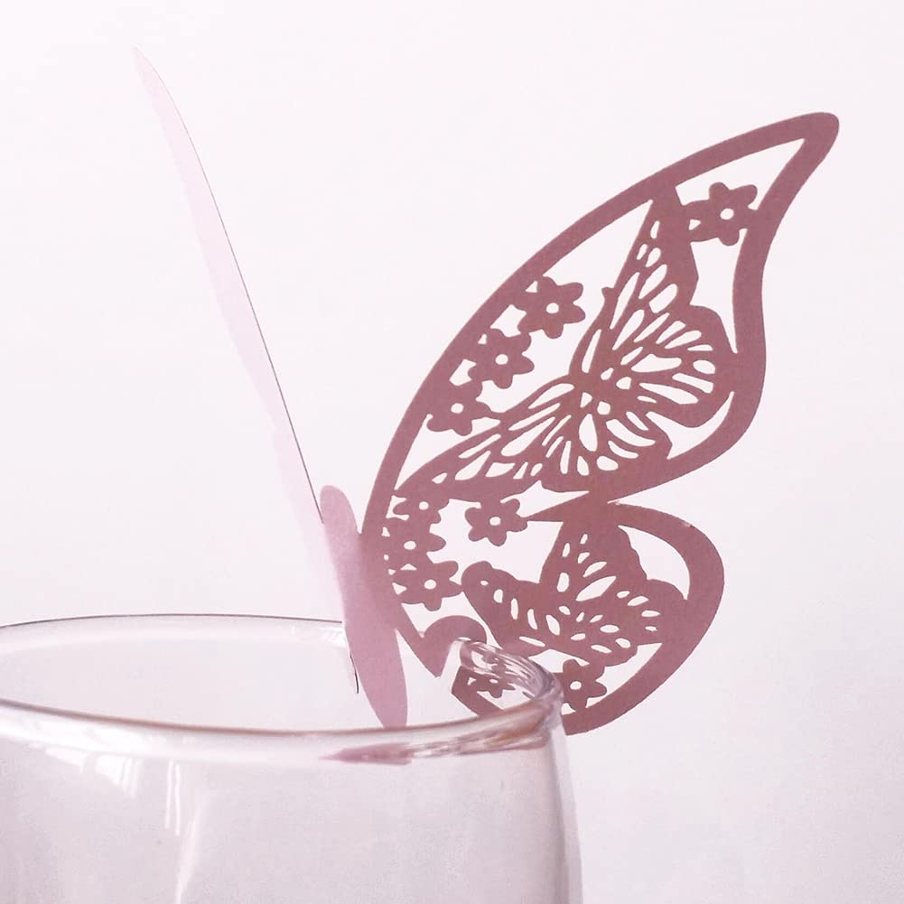 GSHLLO 50 Pcs Paper Butterfly Table Place Name Cards 3D Butterfly Wall Stickers Decor Wine Glass Cup Decorations for Wedding Birthday Party Pink