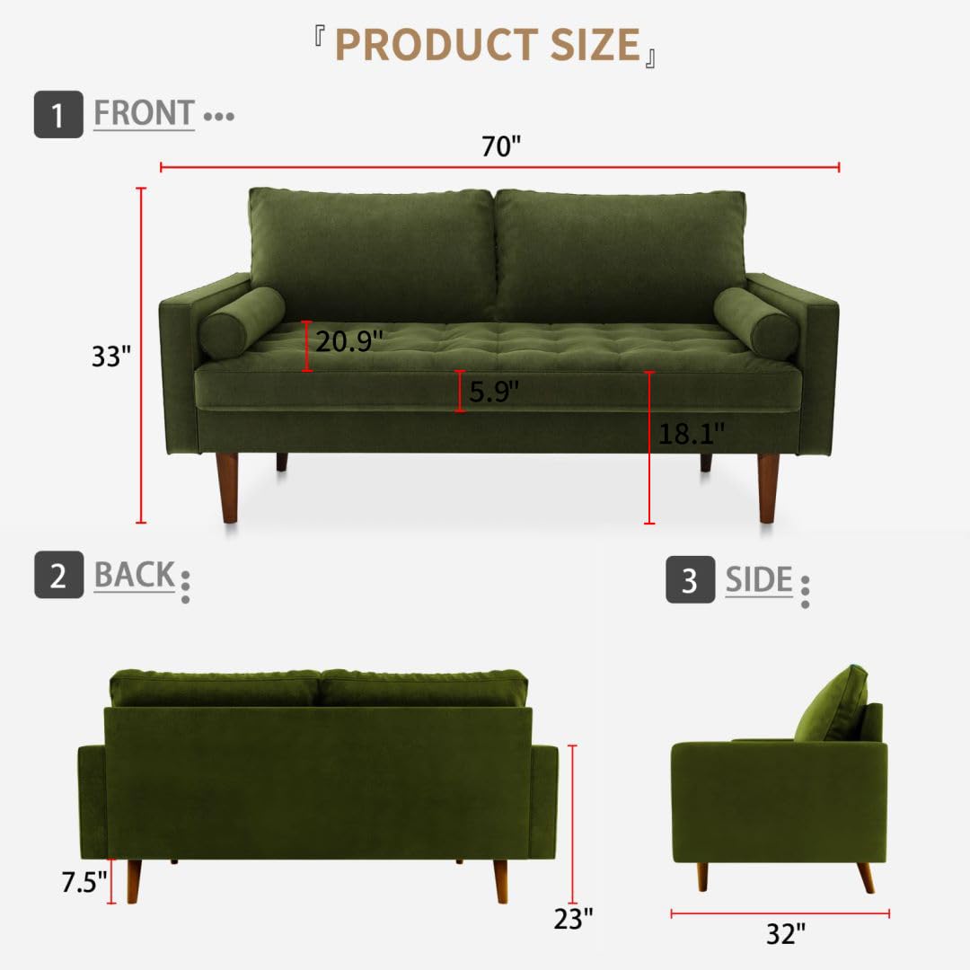 Meeyar 70 Inch Velvet Sofa, Comfy 3 Seater Loveseat Sofa Couch with Tufted Seat, Mid-Century Modern Upholstered with Two Throw Pillows, Couches for Living Room, Bedroom, Apartment, Olive Green