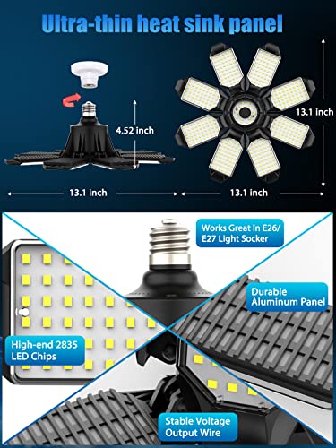 TANBABY 2 Pack Upgrade LED Garage Lights,Total 50000LM Deformable Best Garage Light Ceiling LED Shop Lights, 250W E26/E27 LED Light Garage Lighting with 8+1 Adjustable Panels Garage Bulb for Basement