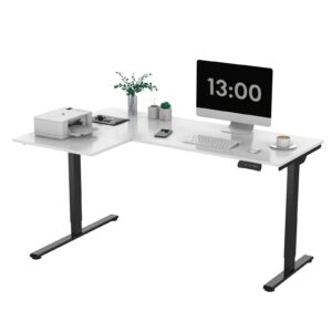 sanodesk 63-inch large dual motor l-shaped electric height adjustable standing desk - reversible panel - white top/black frame - ideal for gaming, home office or computer workstation