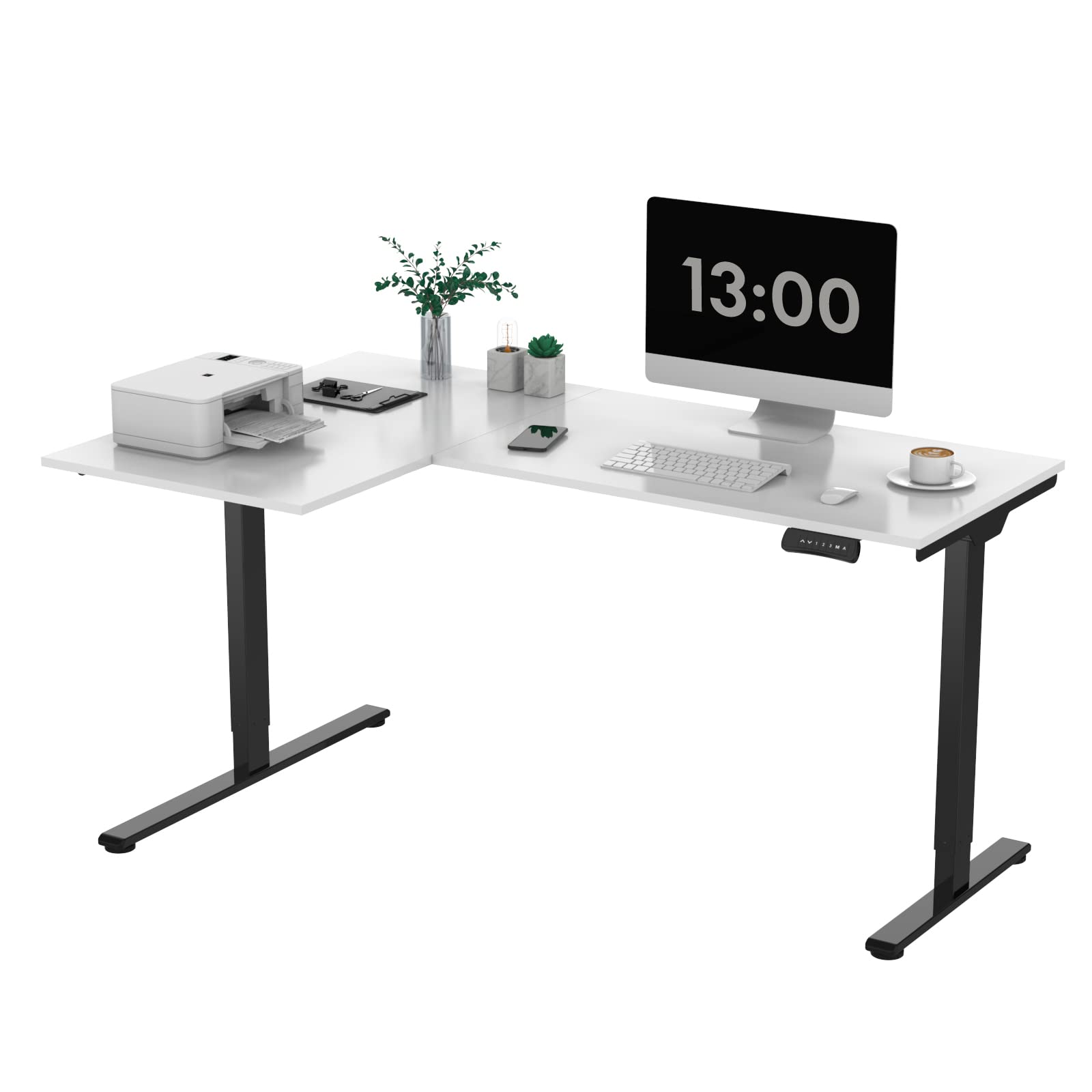 SANODESK 63-Inch Large Dual Motor L-Shaped Electric Height Adjustable Standing Desk - Reversible Panel - White Top/Black Frame - Ideal for Gaming, Home Office or Computer Workstation