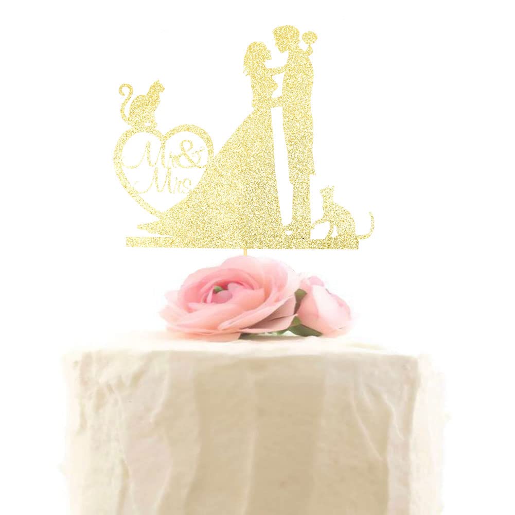 Mr and Mrs Cake Topper, Bride and Groom with Cats Silhouette Wedding Cake Decors, Cats Pet Party Decorations, Gold Glitter