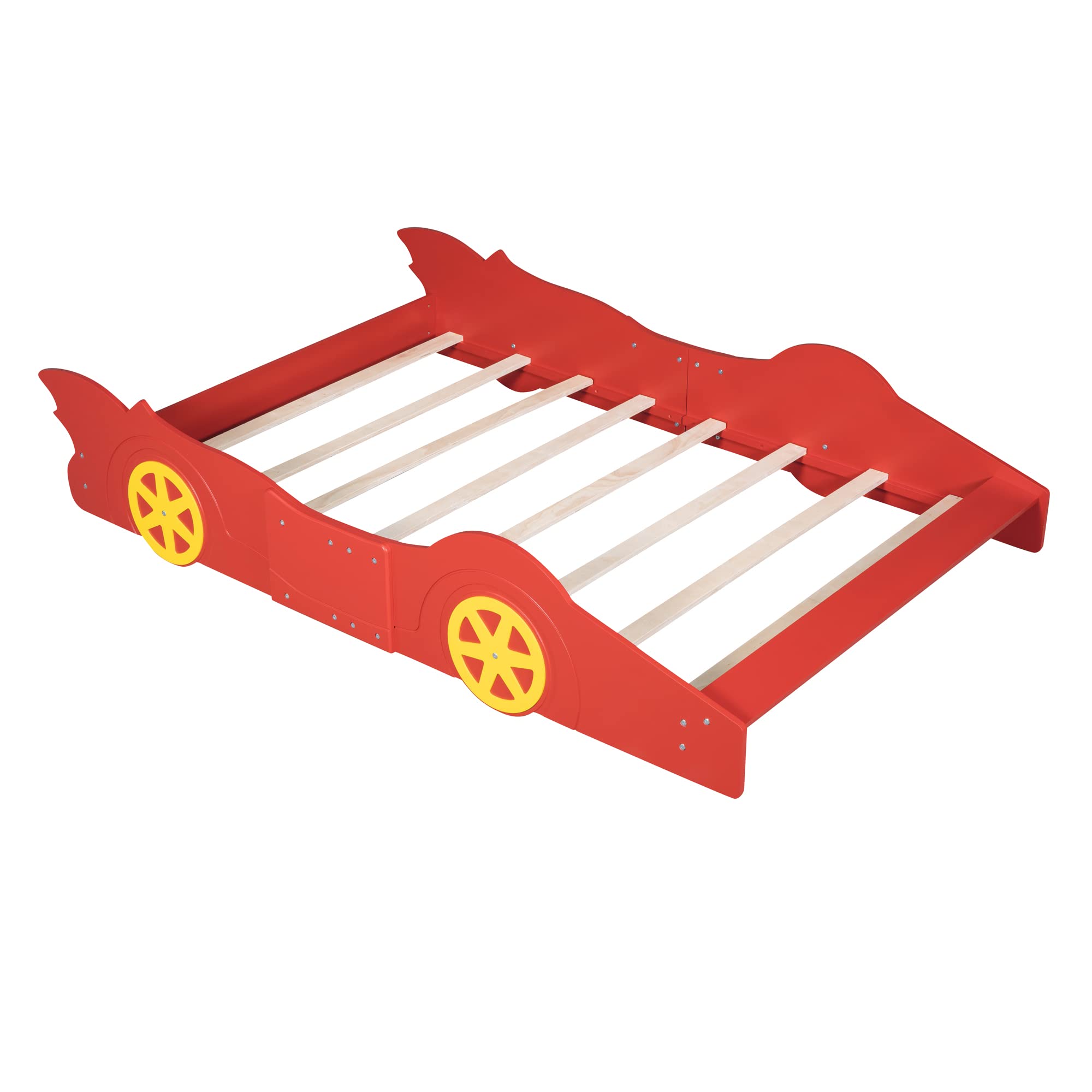 Full Size Race Car Bed for Boys, Wood Low Platform Bed Frame with Support Slats, Full Beds in Race Car-Shaped for Kids Teens, Red