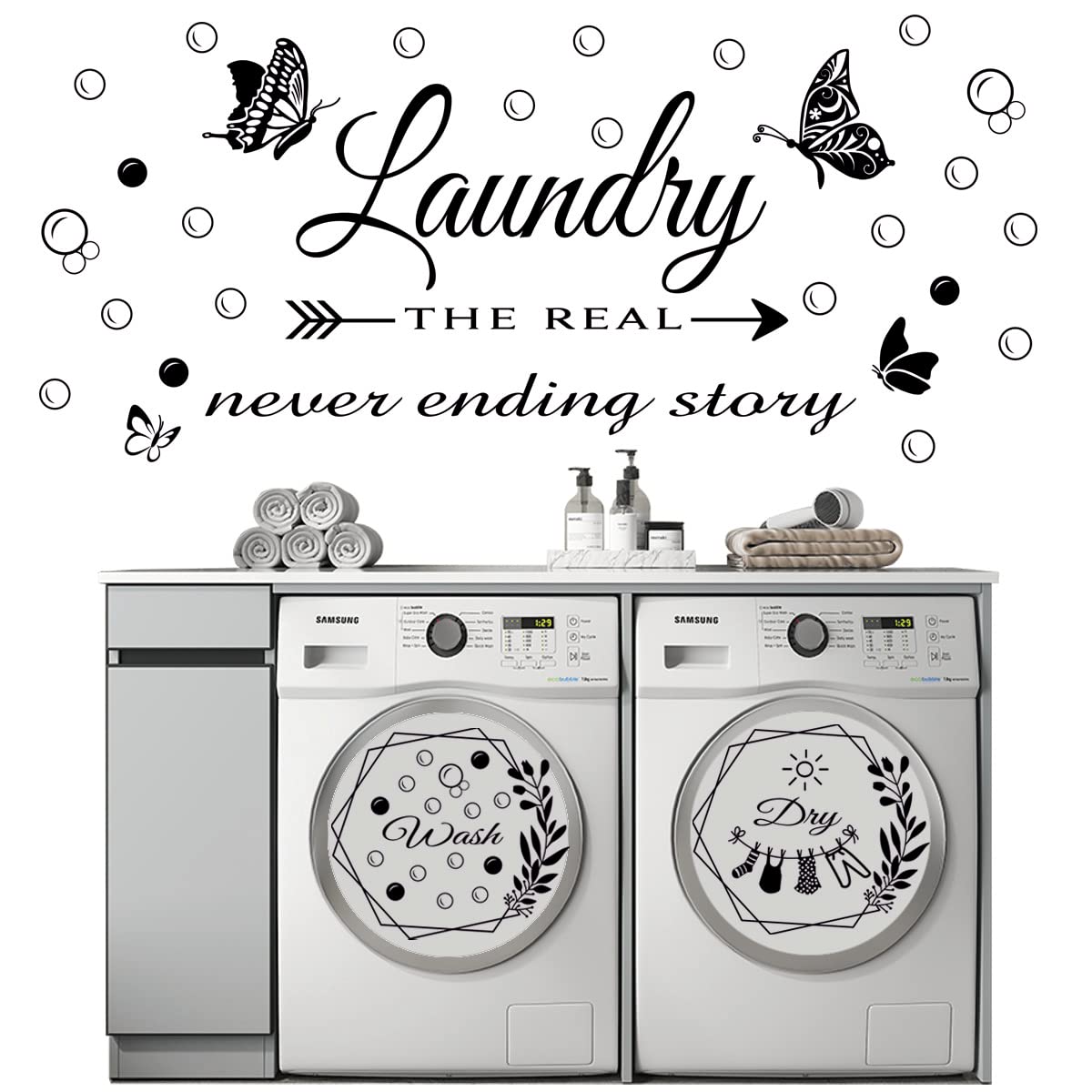 2 Sheets Wall Stickers Laundry Room Vinyl Wall Decal Wash Dry Vinyl Laundry Stickers Laundry The Real Never Ending Story Wall Decal Washer Stickers Quote Wall Art Stickers for Home Apartment Washing Machine laundry Room Decor Wall Decorations Laundry Room