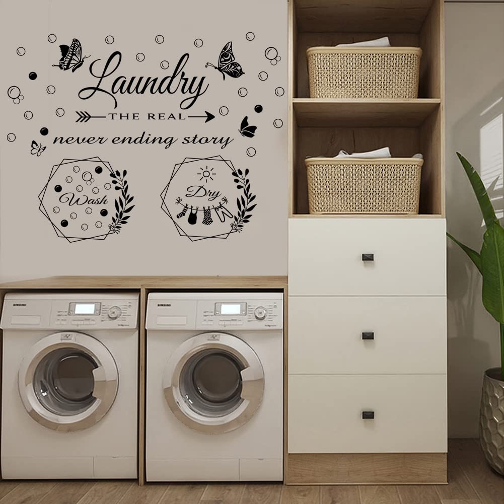 2 Sheets Wall Stickers Laundry Room Vinyl Wall Decal Wash Dry Vinyl Laundry Stickers Laundry The Real Never Ending Story Wall Decal Washer Stickers Quote Wall Art Stickers for Home Apartment Washing Machine laundry Room Decor Wall Decorations Laundry Room