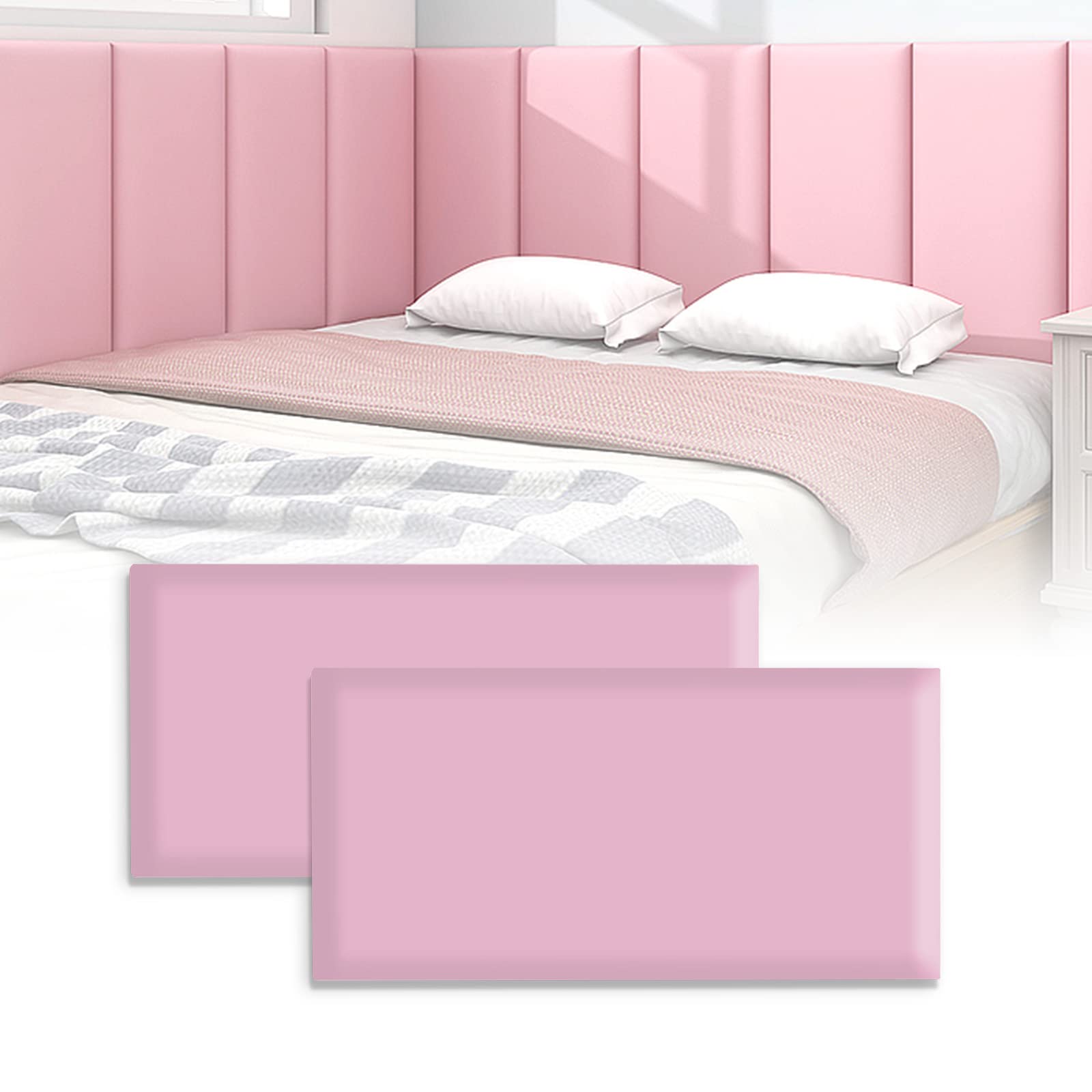 VEDHAA 3D Anti-Collision Wall Padding for Kids, Peel and Stick Upholstered Wall Panels, Queen Headboard, Playroom Decorative Protection Panel, Pack of 2 Panels Sized 23.6” X 11.8” (Pink)