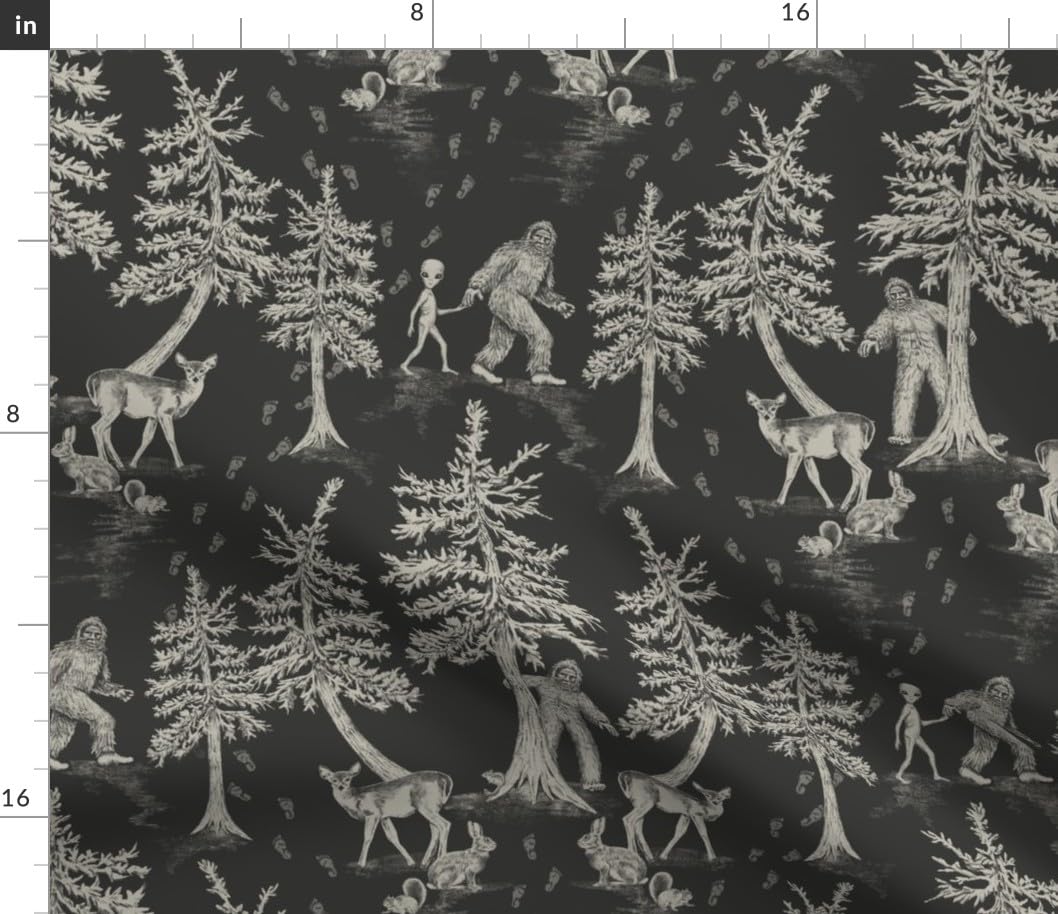 Spoonflower Fabric - Sasquatch Cryptids Charcoal Gray Cryptozoology Aliens Printed on Petal Signature Cotton Fabric Fat Quarter - Sewing Quilting Apparel Crafts Decor