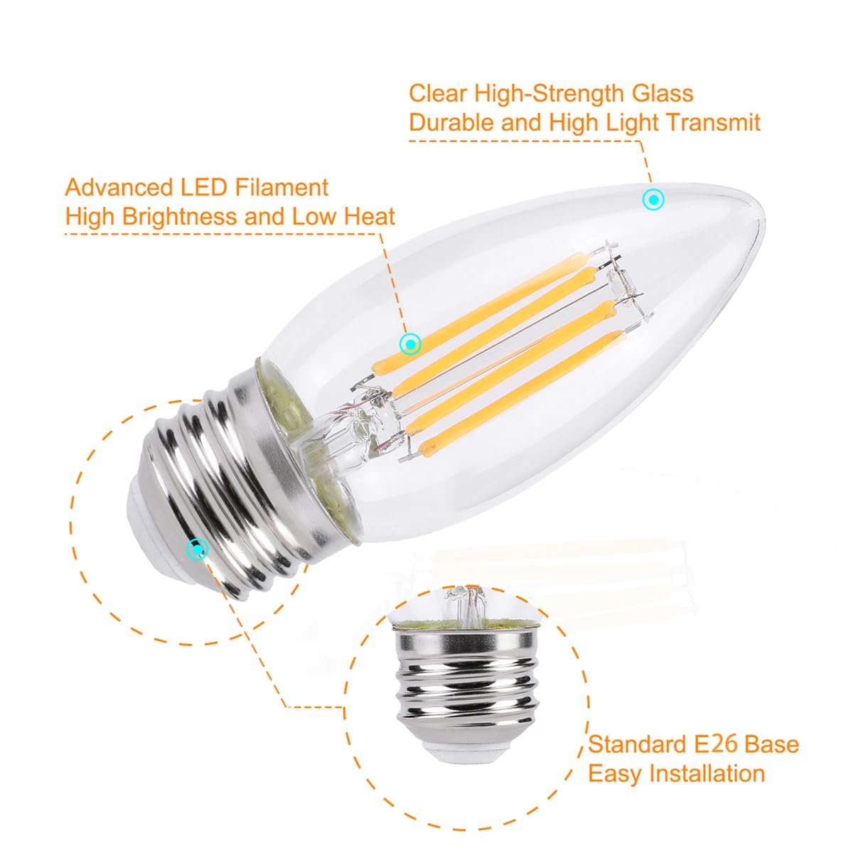 KINUR E26 Candelabra led Light Bulbs 4 Watt (40 Watt Equivalent) LED Chandelier Light Bulbs 2700K Warm White Decorative Candle Light Bulb Ceiling Fan Bulb Non-Dimmable Glows in thedark 4Pack