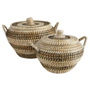 47th & Main Round Wicker Motika Storage Baskets with Lids Seagrass Basket, Set of 2, Patterned