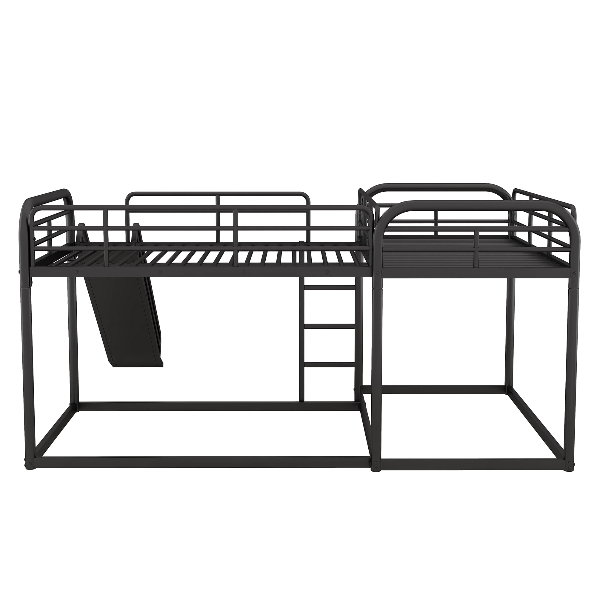 Quad Bunk Bed with Slide, L Shaped Bunk Bed for 4, Heavy-Duty Metal Floor Bunk Bed Frame Full and Twin Size for Kids Teens Girls Boys (Black)