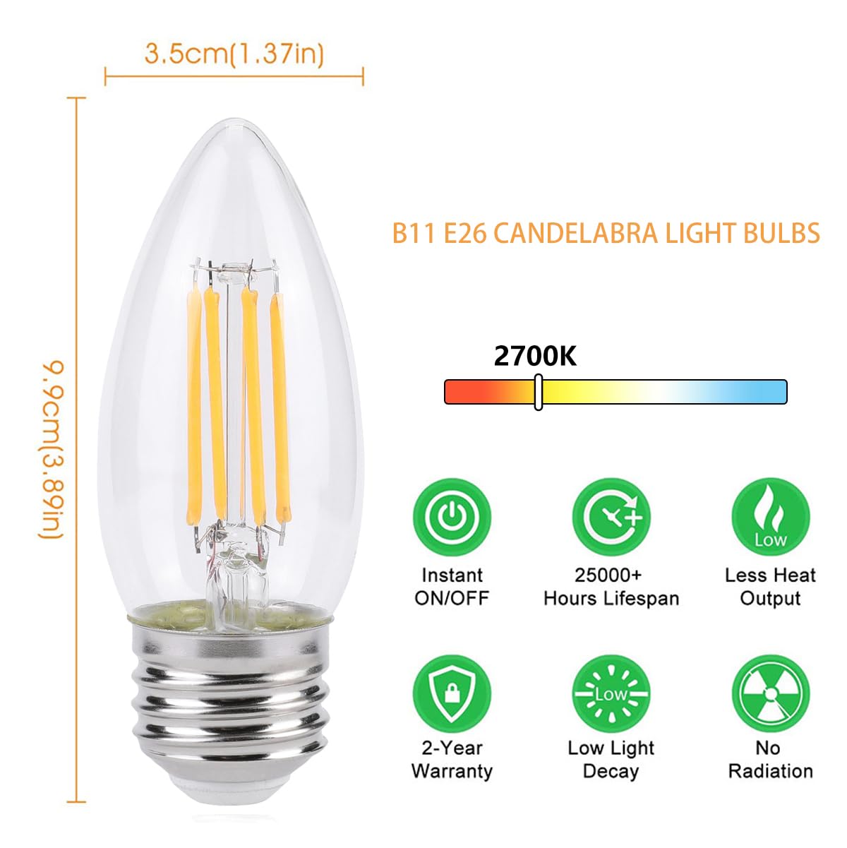 KINUR E26 Candelabra led Light Bulbs 4 Watt (40 Watt Equivalent) LED Chandelier Light Bulbs 2700K Warm White Decorative Candle Light Bulb Ceiling Fan Bulb Non-Dimmable Glows in thedark 4Pack