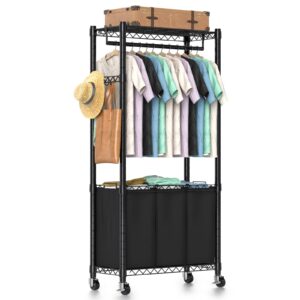 hodonas rolling laundry basket organizer with wheels and hanging bar, laundry hamper cart laundry sorter 3 section, dirty clothes hampers for laundry bedroom bathroom w/ 3 removeable bags, black