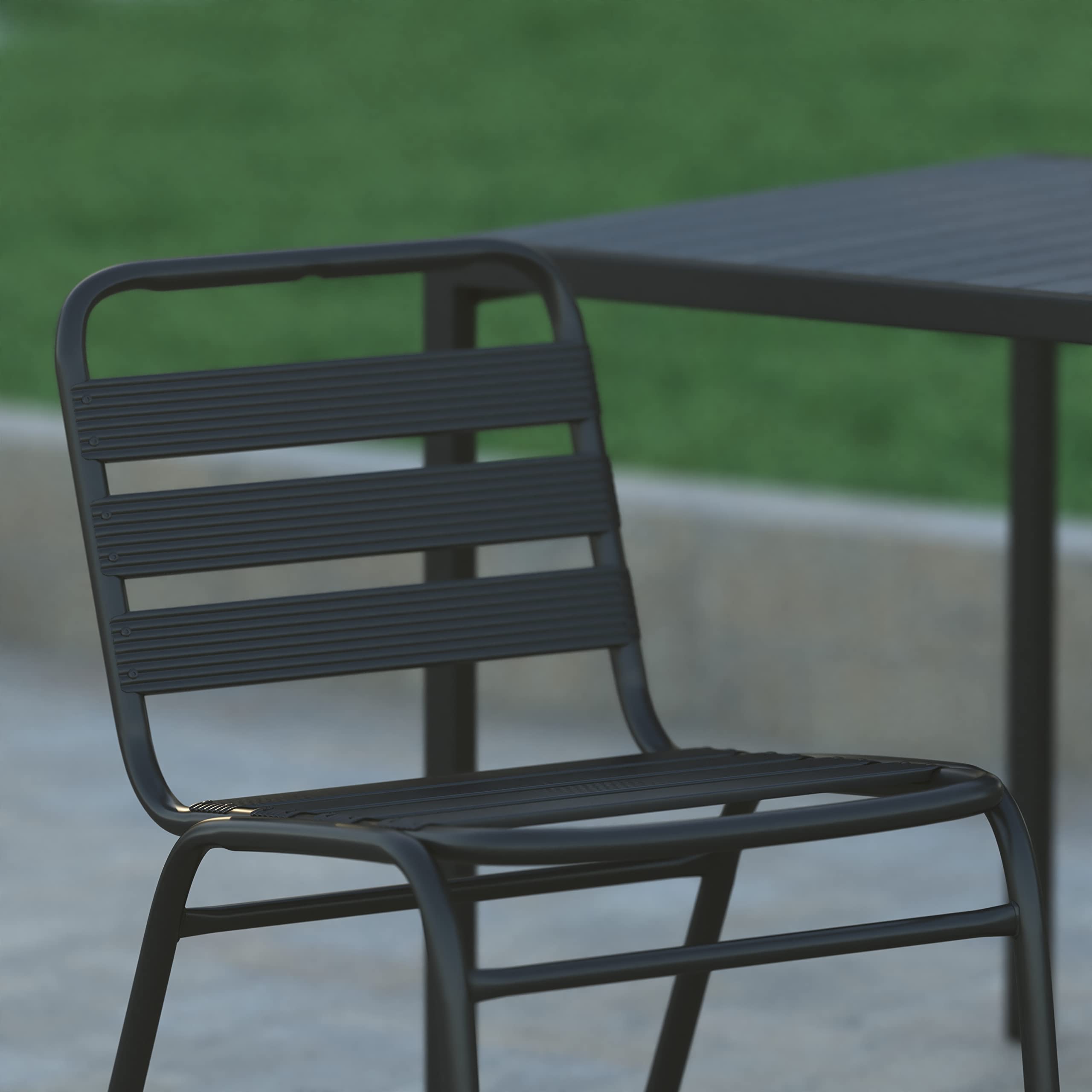 EMMA + OLIVER Jens Stacking Metal Dining Chair - Indoor/Outdoor Dining Chair with Triple Slat Back - Dry Assist Slats - Black