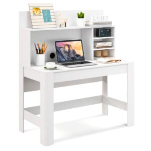 giantex white computer desk with bookshelf, 48" home office writing desk with anti-tipping kits & cable management hole, modern study table workstation for small space bedroom