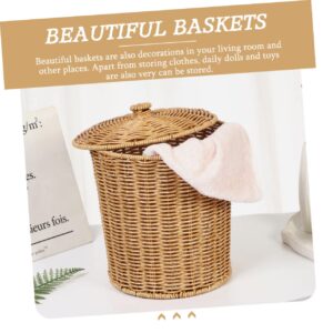 ORFOFE Storage Basket with Lid Organizer with Lid Storage Baskets with Lid Round Basket Rattan Waste Basket Bedroom Storage Basket Wicker Waste Basket Tabletop Basket Laundry Hamper Pp