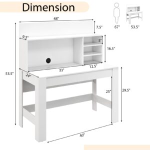 Giantex White Computer Desk with Bookshelf, 48" Home Office Writing Desk with Anti-Tipping Kits & Cable Management Hole, Modern Study Table Workstation for Small Space Bedroom