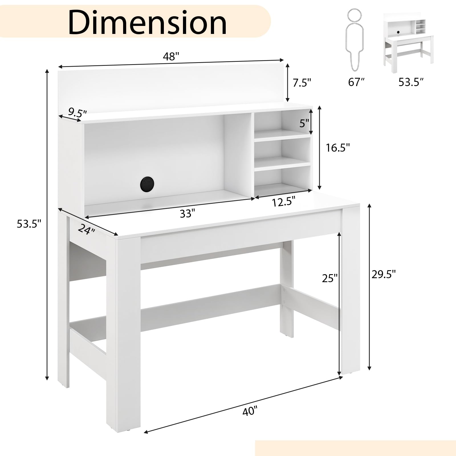 Giantex White Computer Desk with Bookshelf, 48" Home Office Writing Desk with Anti-Tipping Kits & Cable Management Hole, Modern Study Table Workstation for Small Space Bedroom