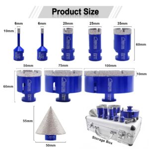 SHDIATOOL Diamond Tile Drill Bits Set,Porcelain Hole Saw, Cutter for Marble Ceramic Granite 9pieces(6/6/20/25/35/50/75/100mm/2 inch)